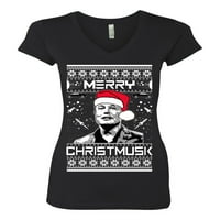 Divlji Bobby Merry Christmusk Funny Elon Musk Meme Ugly Božićni džemper Žene Junior Fit V-izrez Tee,