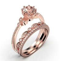 Prekrasno 2. karat za ručni morgatit i dijamantski moissan cvjetni zaručnički prsten, antički vjenčani prsten, dva podudarna traka u zlatu od 10k od pune ruže, poklon za nju u festivalskom vremenu, obvezujući prsten
