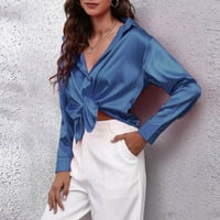 Bluze za žensku košulju ovratnik dugih rukava pune boje casual tee dame vrhovi, nebesko plavo l
