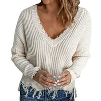 Wotryit Wopy Slow V izrez Dugi rukav pulover HEM Fringe Solid Color Pletene džemper ženski džemperi