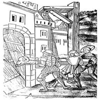 Ovan, 1529. NSOLDIERS provaliju kroz vrata grada sa ovnama umućenju. Woodcut, njemački, 1529. Poster