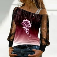 Ženska modna ispisa hladnog ramena majica mrežica dugih rukava s velikim rukavima