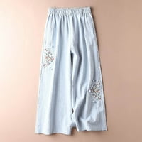 Ženske pamučne i posteljine hlače opušteno fit retro vez visoke elastične ravne hlače, casual lagane
