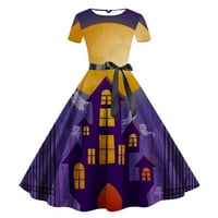 Halloween 1950S haljine za žene Jesen modni Halloween šišmiši Print Tunic Kratki rukav Crewneck Midi