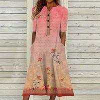 Clearsance Ljetne haljine za žene tiskane srednje dužine A-line za odmor za odmor za odmor Notch Dress