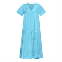 Huaai Women V izrez kratki rukav haljine od pune boje casual labavo šifon nepravilna hem-teleća haljina