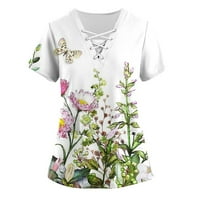Feterrnal ženski cvijet od tiskanog kratkih rukava V izrez Top radne uniforme Džepne vrhunske majice