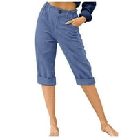 Meetotime Womens Capris hlače ravno noga visoke stručne hlače pamučne posteljine Comfy pantalone