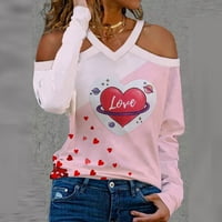 Symoidni ženski bluza- Ležeran V-izrez za Valentinovo za valentinovo, majica s dugim rukavima TOP PINK