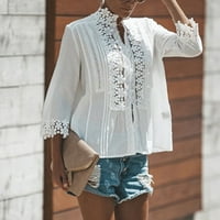 Ženska modna casual solidna čipkasti vrhovi šarmantne bluze s V-izrezom polu-rukave majice bijelo