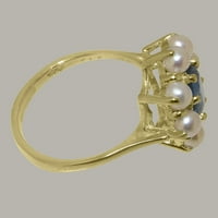Britanci napravio 14k žuto zlatni prirodni safir i kultivirani biserni ženski prsten - Opcije veličine