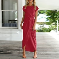 Ženske haljine Maxi kratki rukav Ležerne prilike, Ljetna haljina s punim okruglim izrezima Crvena 3xl
