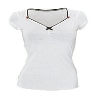 Coduop Ženske majice kratkih rukava čipke SPLICED V-izrez Košulje Ljetne casual Slim Fit vrhovi