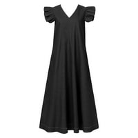 Plus size Žene traper čvrsti temperament u boji V-izrez kratkih rukava Boemska labava duga haljina crna