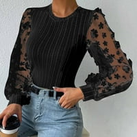 Charella Womens Proljeće i ljetna čipka za šivanje okrugle vrat tiskane majice čipke dugih rukava u šupljinu casual trendi bluza crna, 2xl