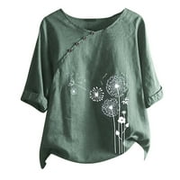 Bluze za čišćenje za žene pamučna posteljina maslačka tipka za ispis O-izrez majica kratkih rukava zelena