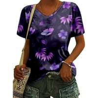 Kingque Womens cvjetni print T-majice V izrez kratkih rukava Majice Loose Tee Ležerne prilike ljetne