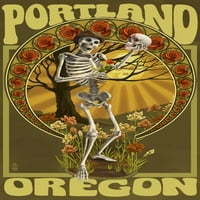 Portland, Oregon - Dan mrtvih - kostur koji ima šećernu lubanju - umetničko delo preša sa fenjerom