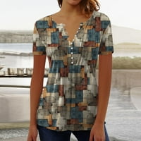 Ženska bluza za bluzu za majicu Retro Print kratki rukav casual osnovni okrugli vrat Redovni vrh Khaki