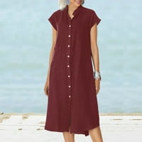 CETHRIO Ljetna haljina - modni ljetni gumb casual solid V-izrez kratkih rukava s kratkim rukavima
