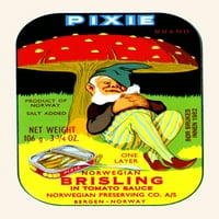 Vintage etiketa za norvešku Brisling prikazuje pixie koji se uspava pod žadu. Poster Print nepoznato