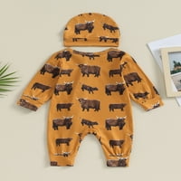 Baby Boy Western odjeća krava Print s dugim rukavima patentni patentni rukav i beanie novorođenčad pad