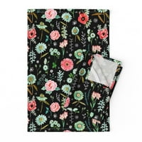Tiskani ručnik za čaj, platno pamučno platno - polje cvijeće crno ružičaste zelene cvjetne djevojke