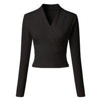 Crne majice za žene Modni casual Solid V izrez svakodnevno pletenje za odmor bluza s dugim rukavima