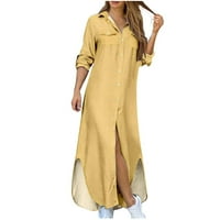 Finelylove ljetne haljine za žene za žene za žene sunce haljina duga dugi rukav čvrsti žuti s