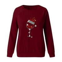 Pudcoco Womens Božićni pulover, sjajni Santa šešir Crveno vino Glass Print dugih rukava CrewNeck Loose