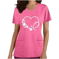 Ženski piling majice za žene Grafički kratki rukav V izrez sa džepovima Radna uniforma bluza Modna plaža Klasična Y2K Soft Basic Slatke vrhove Dame vrhovi ružičaste s