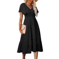 Ženska midi labava haljina V izrez čvrste boje vrhovi kratkih rukava odjeća rujle hem elegantne ljetne