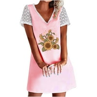 Ženska suncokret tisak čipka šuplje rukave s majicom za vrat haljine Mini haljine casual dan izlaze