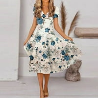 Žene se oblače cvjetna moda A-line haljina za žene V-izrez Srednja rukavica Summer Rukovna haljina bijela