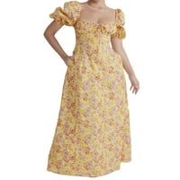 Žene Elegantna duga haljina, puff rukav kvadratni izrez niski rez čvrsti cvijet Print Party Maxi