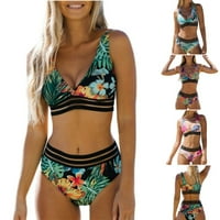 Sksloeg Ženski kupaći kostim bikini set cvjetni ispisani izrezani mrežica V ožičeni kupaći kostim visoki