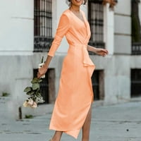 Gotyou Haljine ženska modna čvrstog u boji struka Cinched ruffle Split V-izrez Dugi rukav narančasta