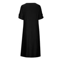 Ernkv ženska trendi dugačka haljina sa čvrstim kratkim rukavima okrugla ručna haljina Split plaža Retro