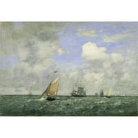 Eugène Boudin Crni moderni uokvireni muzej umjetnički print pod nazivom - brodovi i jedrilice napuštaju