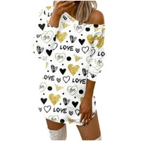 Žene Loose Comfy Heart Print Pulover okrugli vrat dugih rukava s ramena mini haljina Hot6SL4487349