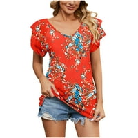 CETHRIO Ljetne košulje za žene - V- vrat tiskali dvostruki sloj ruff ruff kratki rukav bluza crvena