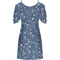 Boho haljina za žene posade izrez cvjetni printer maxi haljine bez rukava svijetlo plava s