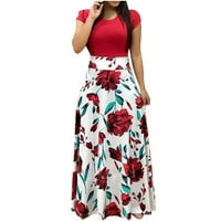 Ženski kratki rukav Maxi haljine Casual Ljetni Boho cvjetni tiskani viši struk posadni vrat elegantni