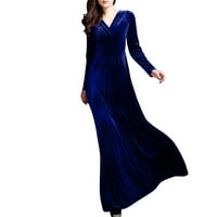 Gotyoou Summer haljina ženska jesen i zimski zlatnik Velvet V-izrez Čvrsta boja Dug rukava haljina tamno plava 2xl