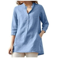 Ženski vrhovi Henley ispisane bluze casual ženske ljetne majice s dugim rukavima plava l