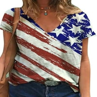 SKXST WOMENS kratki rukav V izrez T majica Nezavisna dnevna američka zastava Print Tee