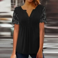 Ženska majica s kratkim rukavima od čipke s kratkim rukavima, modni rebrani gornji pulover, crni, m