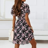 Ženski kratki rukav V izrez ljetni boho elastični struk Linija cvjetna mini haljina midi ljetne haljine