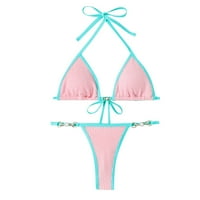 Tking Fashion Žene Dva bikinija kupaće kostime Blok u boji Halter lančani trokut kupanje odijelo ružičaste