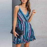 Ženske haljine ispisane V-izrez A-line srednje dužine modne ljetne haljine bez rukava plava m